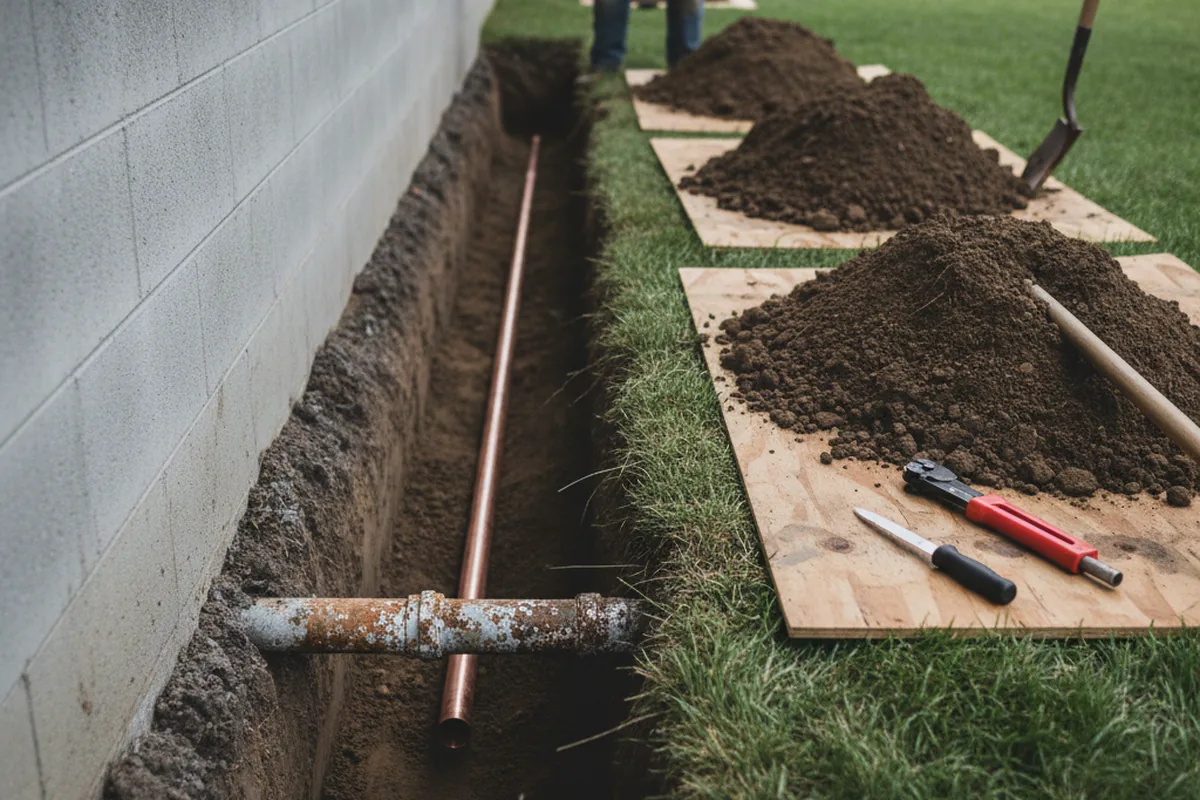Excavated water line trench during Sewer Line Repair in Bellerose
